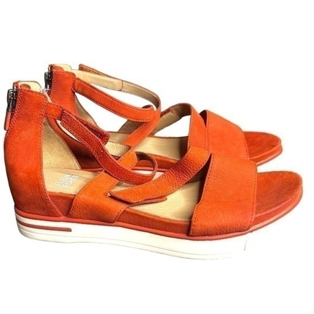 ▶️ Eileen Fisher ◀️ Sally Wedge Sandal in Orange Leather. Size 6.5